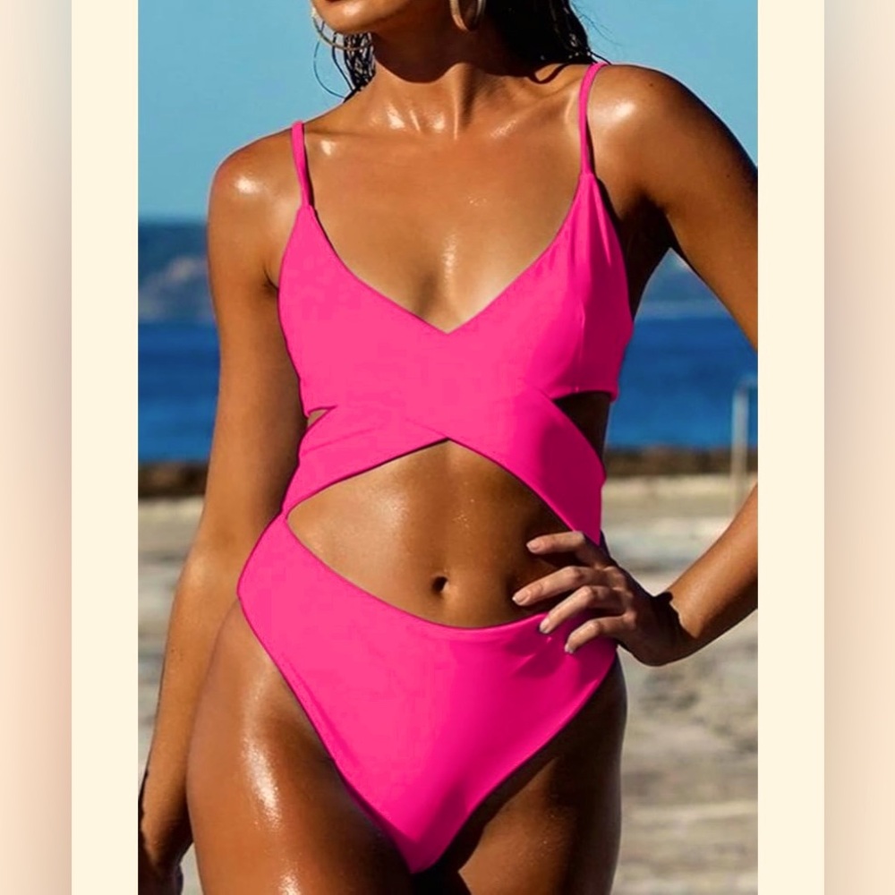 NWT - Neon Pink High Waisted; One Piece Swimsuit, Criss Cross Cutout; Thong